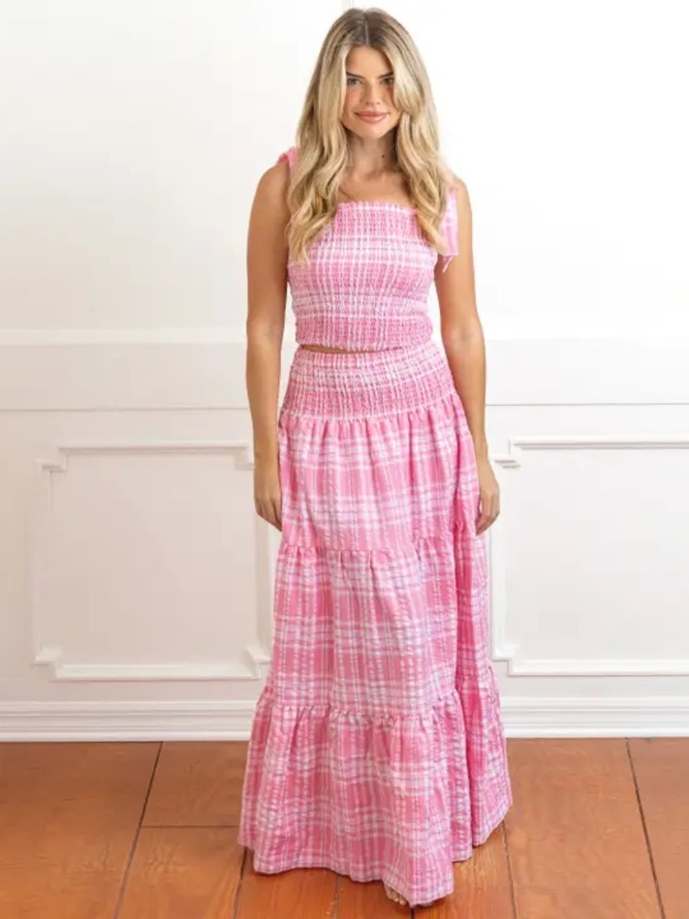 8 Oak Lane Pucker Pink Smocked Gingham Tie-Strap Skirt Set Size L